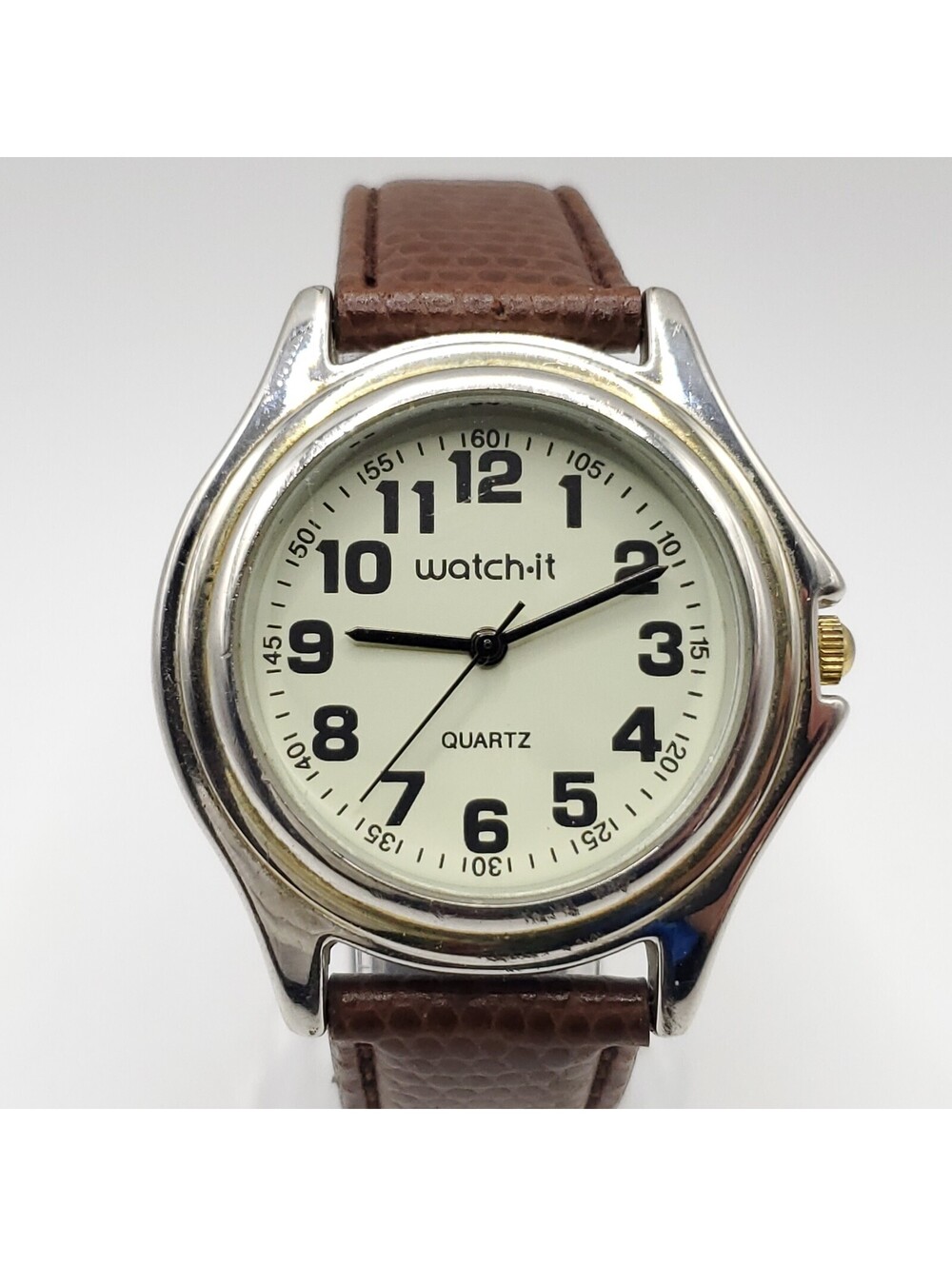 Watch-it Mens 37mm Quartz Watch New Battery Brown Leather Band Silver Tone